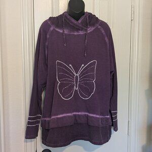Cotton hand-dyed purple hoodie with embroidered butterfly, Women's Size 1X